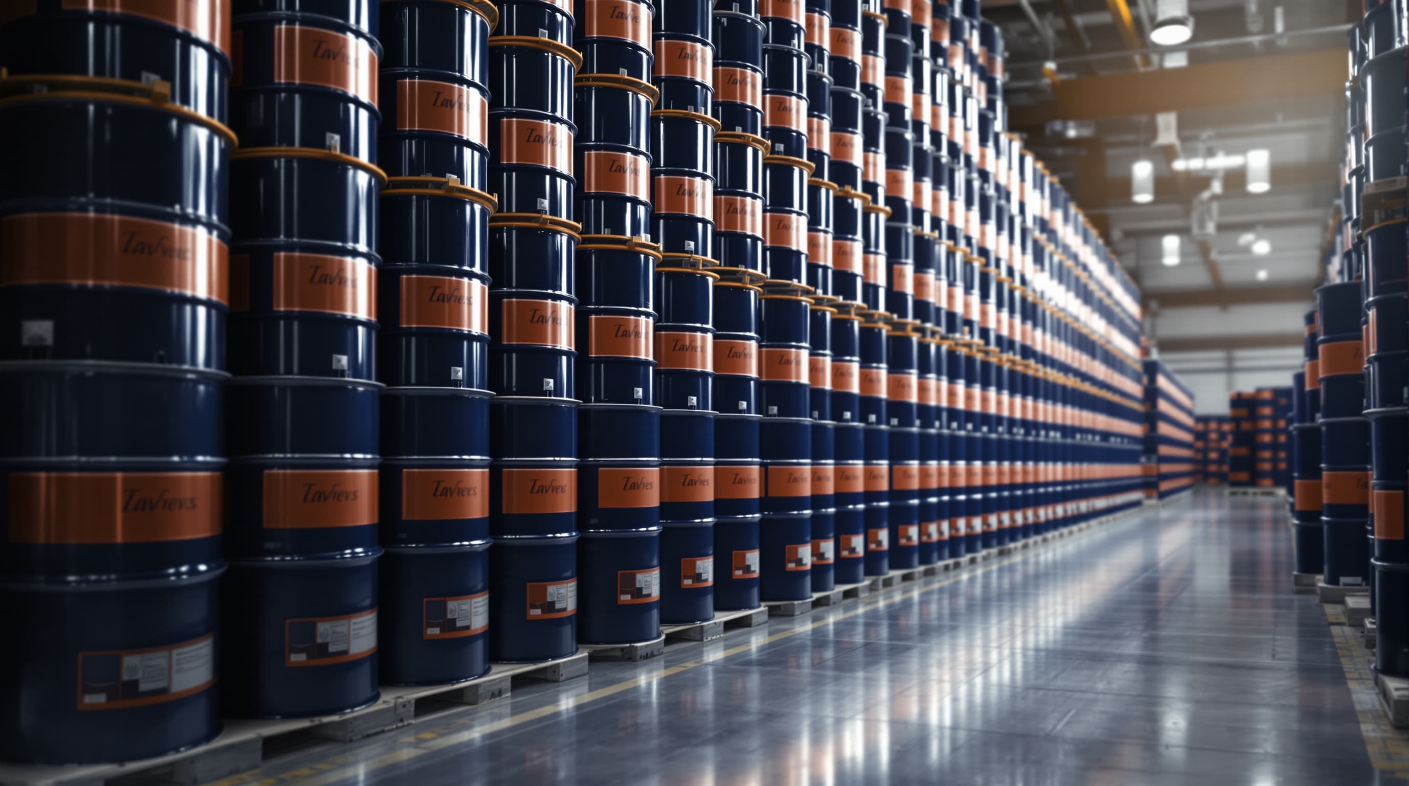 Almacén industrial Pretovia con tambores de lubricantes en stock