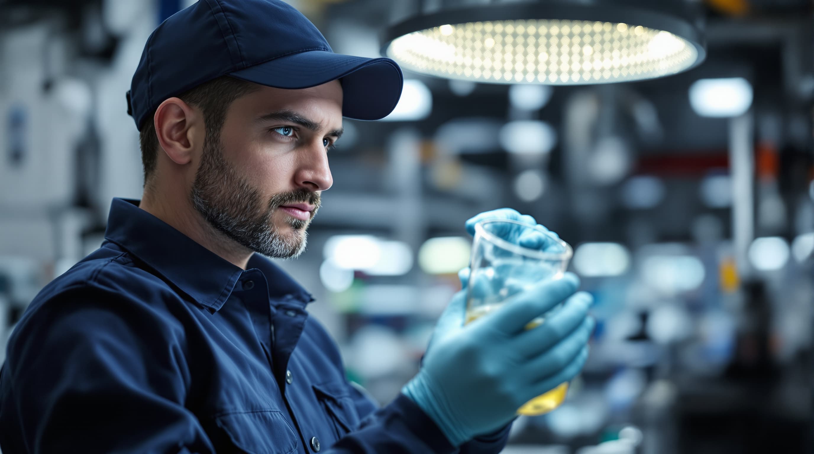Técnico Pretovia analizando muestra de aceite usado en laboratorio